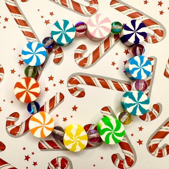 Christmas Peppermint Candy Rainbow Multicolored Bracelet Clay Polymer Jewelry - Picture 2 of 2